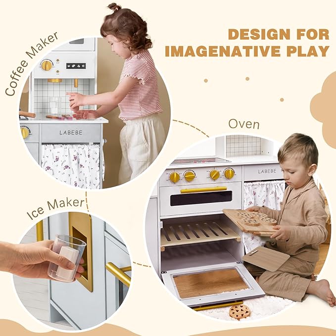 Labebe Wooden Kids Play Kitchen, Toy Kitchen Set with Plenty of Play Features & Cookware, Toddler Kitchen Playset Designed in Trendy Home Style for Boys Girls