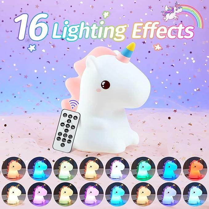 Unicorn Baby Sound Machine with Light, 16 Colors+Silicone Sleep Sound Machine for Kids Night Light, 10 White Noise Baby Night Light for Kids with Music, Remote+Timer+Rechargeable Nightlight [Gifts]