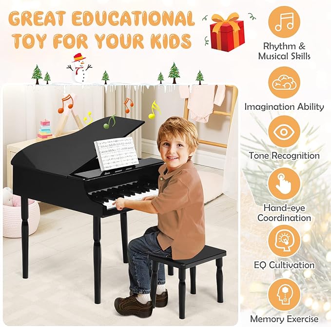 Goplus 30-Key Classical Kids Piano, Mini Grand Piano Wooden Learn-to-Play Musical Instrument Toy with Bench, Piano Lid, Music Rack, Gift for Boys Girls Aged 2+ Baby Toddler (4 Straight Leg-Black)
