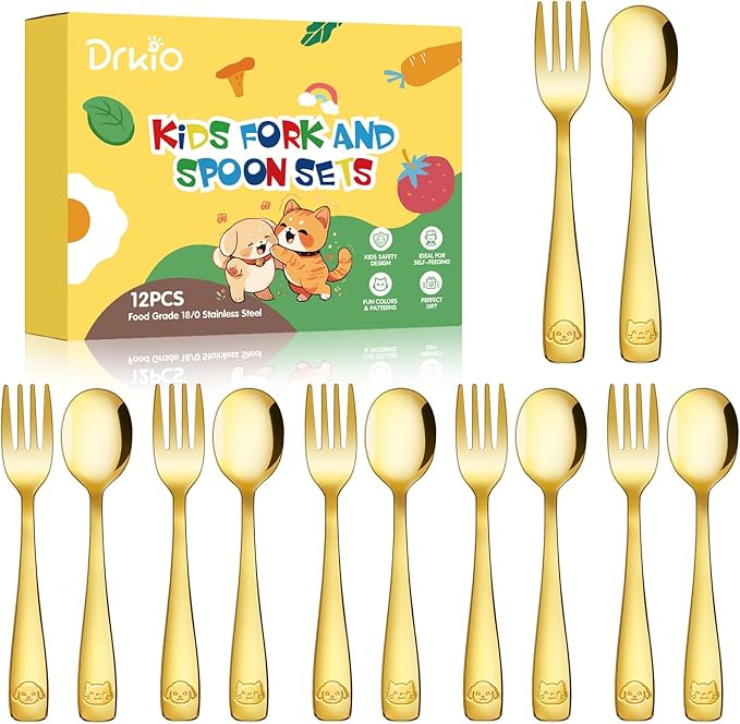DRKIO Stainless Steel Toddler Utensils Set - 12 Pieces Kids Silverware Set Children Safe Food Grade Small Forks and Spoons Dishwasher Safe Mirror Polished