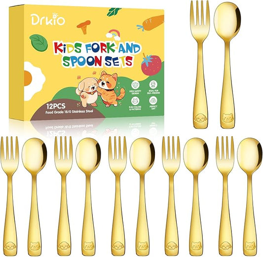 DRKIO Stainless Steel Toddler Utensils Set - 12 Pieces Kids Silverware Set Children Safe Food Grade Small Forks and Spoons Dishwasher Safe Mirror Polished