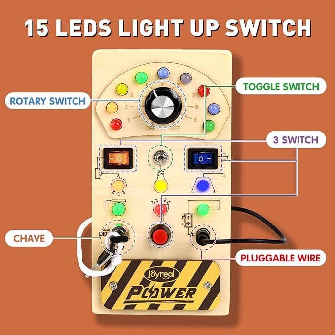 Joyreal Toddler Busy Board, Wooden Montessori Busy Board Sensory Board with LED Light Switch, Sensory Toys Baby Fidget Board Travel Toys for Toddler