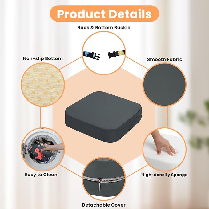 Toddler Booster Seat for Dining Table, Kids Booster Seat for Kitchen Chair with Non-Slip Bottom, Portable Detachable Washable Increasing Cushion with 2 Adjustable Straps (Grey)