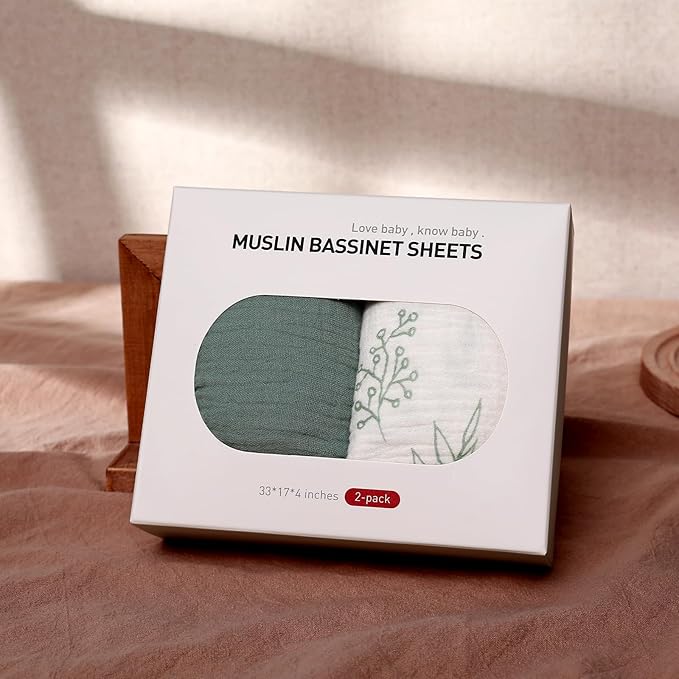 Muslin Bassinet Fitted Sheets, 2 Pack for Baby Boy and Girl, Soft Breathable Stretchy Baby Pad/Mattress Sheet Set, Universal Fit for Hourglass Oval and Rectangle Bassinet Mattress (Natural Leaves)