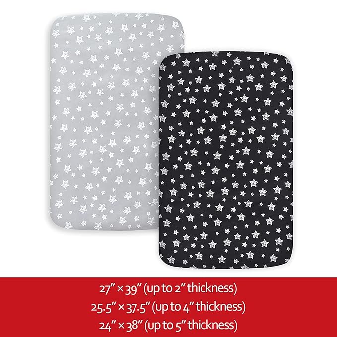 Pack and Play Sheets, 2 Pack Mini Crib Sheets, Stretchy Playard Fitted Sheet, Compatible with Graco Pack n Play, Soft and Breathable Material, Grey & Black