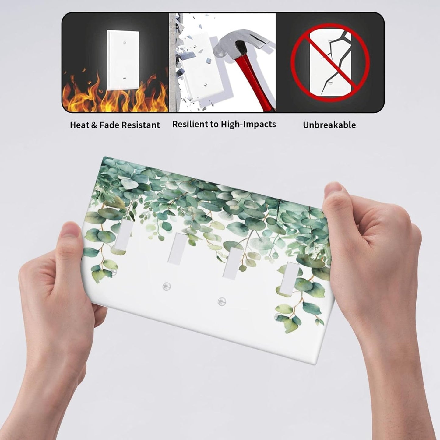 Decorative Switch Covers Plate Rustic Green Eucalyptus Leaves 4 Gang Artistic Wall Plate Unique Quad Toggle Light Switch Plate Jumbo Faceplate for Country Bedroom Kitchen Home Decor