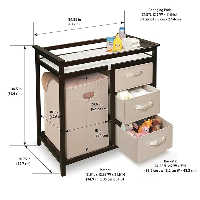 Badger Basket Modern Baby Changing Table for Nursery - Diaper Changing Station with Laundry Hamper, 3 Storage Drawers, Changing Pad, and Safety Belt - Espresso and Ecru