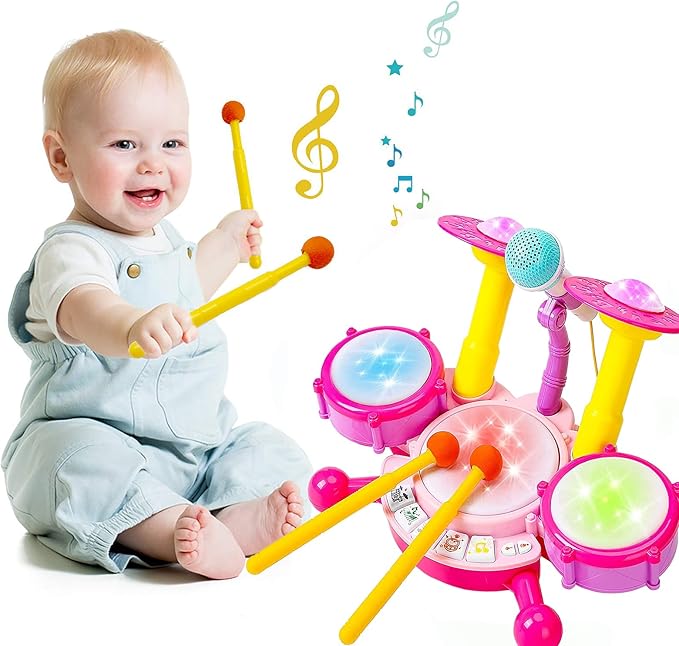 Drum Set for Kids with 2 Drum Sticks and Microphone, Musical Toys Gift for Toddlers