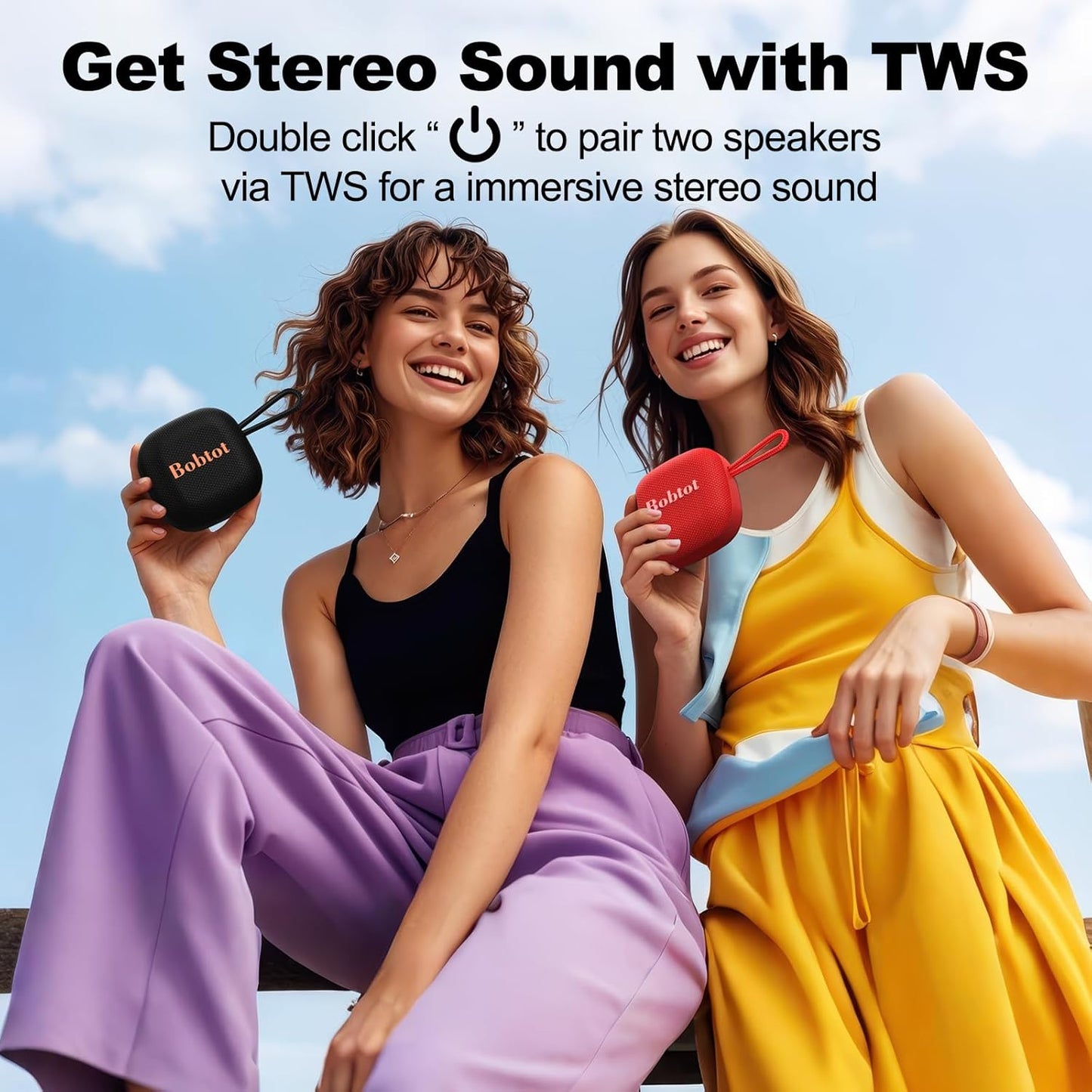 Bobtot Portable Bluetooth Speakers Wireless - IPX7 Waterproof Shower Speaker with 16 Hours Playtime, Loud Stereo Sound, TWS, Built-in Mic, Mini Size with Lanyard to Carry, Red