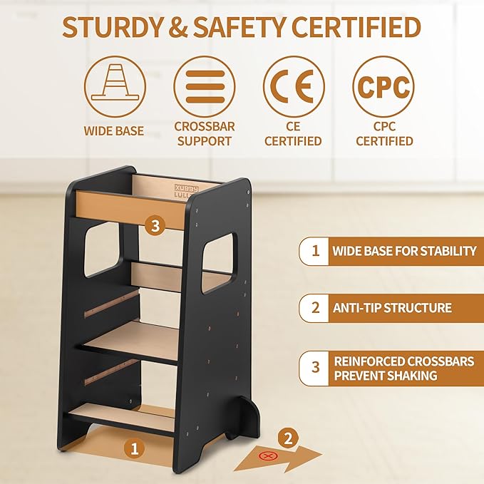 Toddler Kitchen Helper Tower for Ages 1–6 – 3-Level Adjustable Learning Tower, Toddler Standing Tower & Kitchen Stool Helper with Safety Rail, CPC Certified, Black