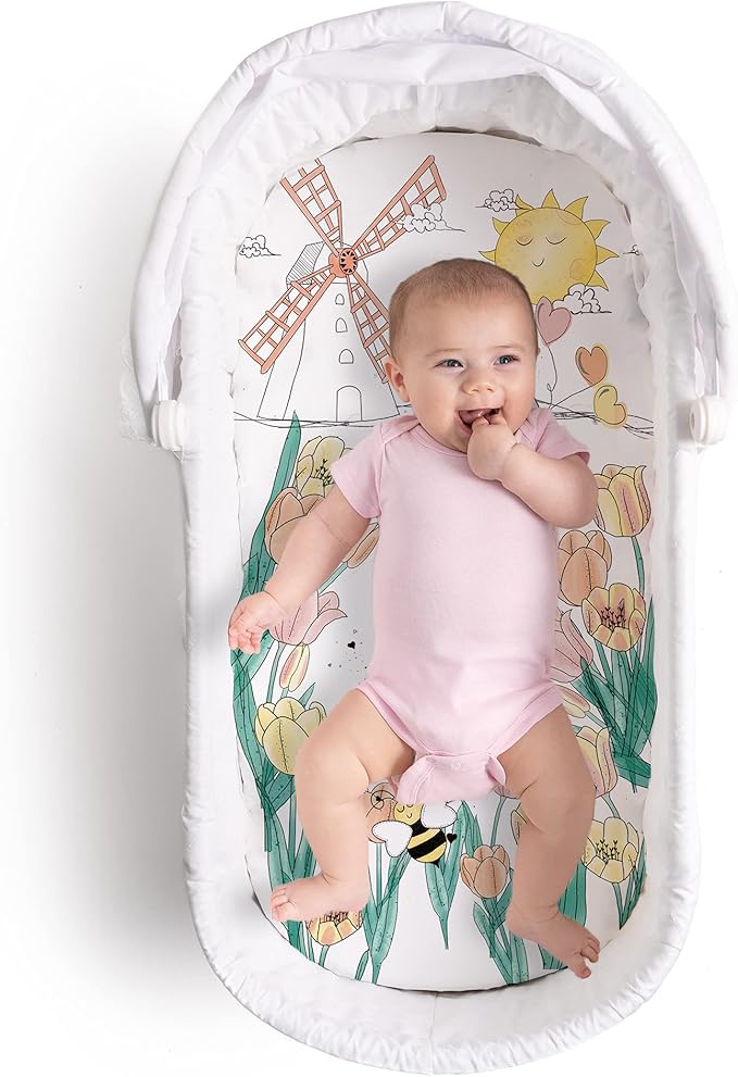 JumpOff Jo - Hypoallergenic Fitted Bassinet Sheet for Baby Boys & Girls - Rectangular, Hourglass & Oval Crib Compatible, Soft, Breathable, Machine Washable - Tulip Fields