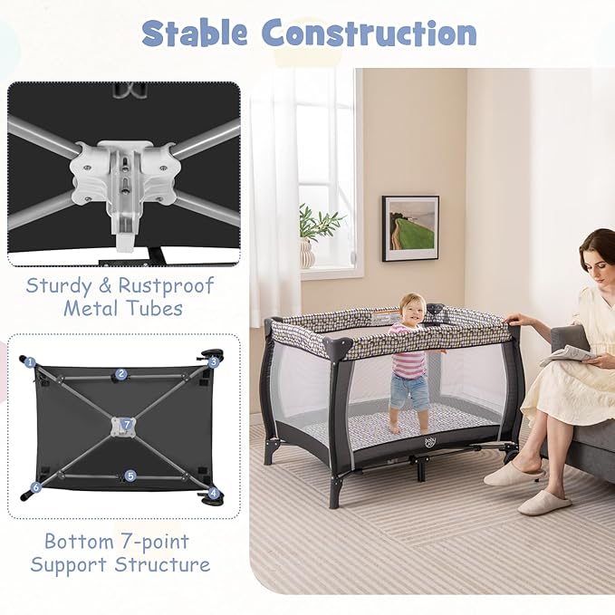 HONEY JOY Pack and Play, 4-in-1 Foldable Nursery Center with Full-Size Infant Bassinet & Diaper Changer, Portable Toddler Crib w/Mattress & Net, Music Box, Toys, Baby Playard w/Carry Bag, Gray