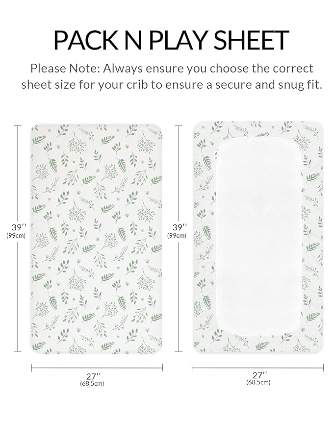 Pack and Play Sheets for Baby Boy and Girl 2 Pack, Neutral Muslin Cotton Pack N Play Mattresses Sheet 27"x39", Muslin Nursery Bedding Soft and Breathable Comfort (Fern Leaf & Sage)