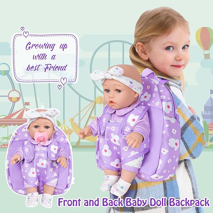 12" Baby Doll with Flower Pattern Backpack Carrier,12 Inch Realistic Baby Dolls with Clothes and Accessories Hanky Pacifier Bottle Diaper Toy Pretend Play Collection for 3+ Child Girls Gifts