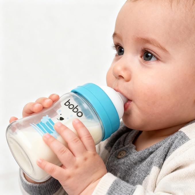 YOHKOH Glass Baby Bottles with Slow Flow Nipple, Newborn Anti-Colic Baby Bottles for 0+ Months, Wide Neck Feeding Bottle, Clear (Blue, 5oz (Pack of 4))