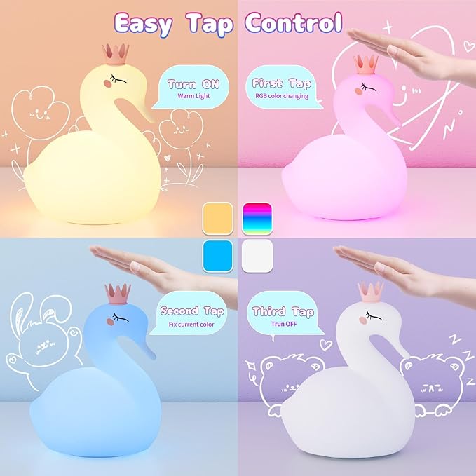 Silicone Night Light for Kids – Rechargeable Tap Control Lamp with 8 Colors, Cute Animal Design for Nursery, Toddler Room Decor, Gifts for Girls and Boys (Swan)