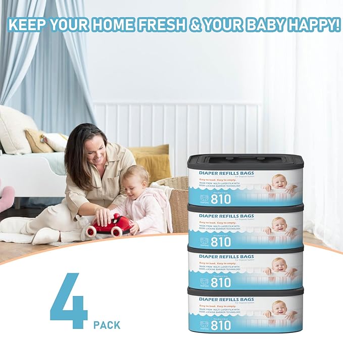 Jumbo Square Refills Disposal Bags Refill (Baby Powder Scent) Compatible with Diaper Genie Classic, Compact and Select Pails, Hold Up to 810 Newborn-Sized Diapers Per Refill, 4 Packs