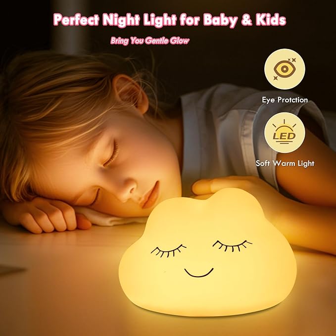 Night Light for Kids, 7 Colors Soft Silicone Kids Night Light with 3 Level Dimmable, Rechargeable Anti-glare Nursery Night Light with Warm White & Multicolor, Squishy Cute Cloud Bedside Touch Lamp