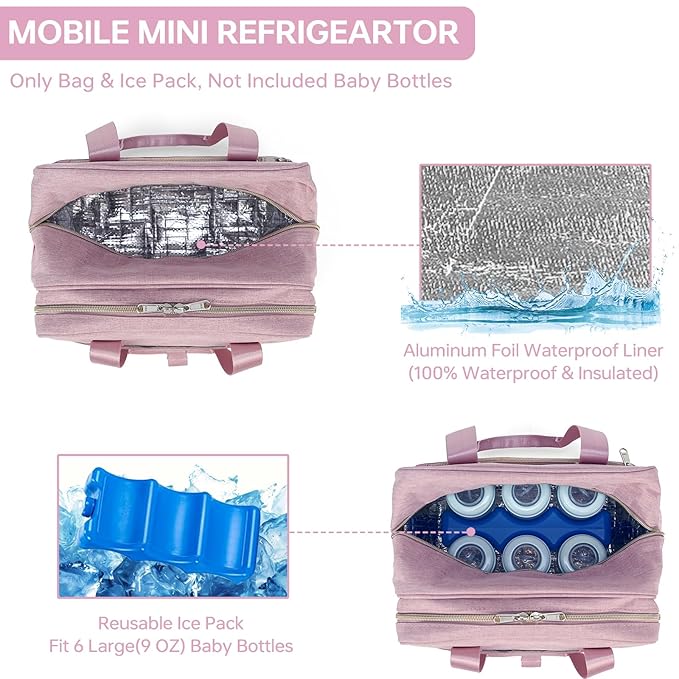 Breastmilk Cooler Bag with Ice Pack,Fits 6 Baby Bottles Up to 9 Ounce Breast Milk Cooler Travel Bag Compatible with Wearable Breast Pumps & Accessories for Nursing Mom Daycare Pink