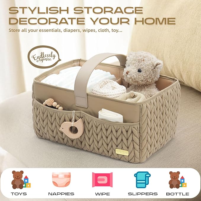 Luxurious Baby Diaper Caddy, Nursery Storage Basket for Newborn Essentials, Travel Baby Basket for Diapers Baby Wipes, Organizer Tote Bag Storage Bin, Baby Shower Gifts(Beige)