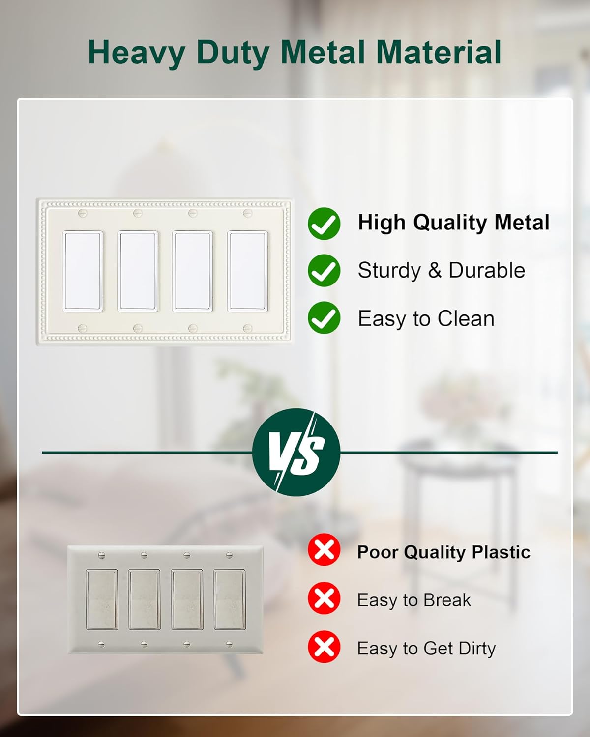 2-Pack Quad Decorator Outlet Cover Plate, Light Almond Pearls Decorative Switch Plates Covers, Metal Wall Plates for Electrical Outlets, Receptacle, GFCI Outlet, Dimmer Switch