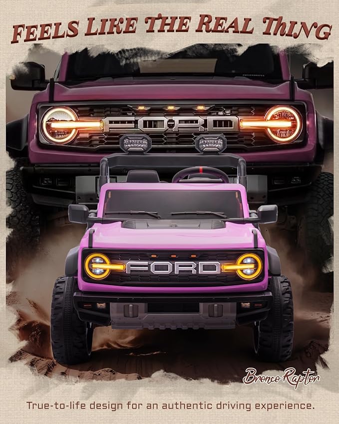 24V Ride on Toys for Big Kids, Licensed Ford Bronco Raptor 2 Seater Ride on Cars with Remote Control, Ride on Truck w/ 4-Wheeler Suspension, 3 Speeds, Led Lights, Bluetooth (24V, Pink)