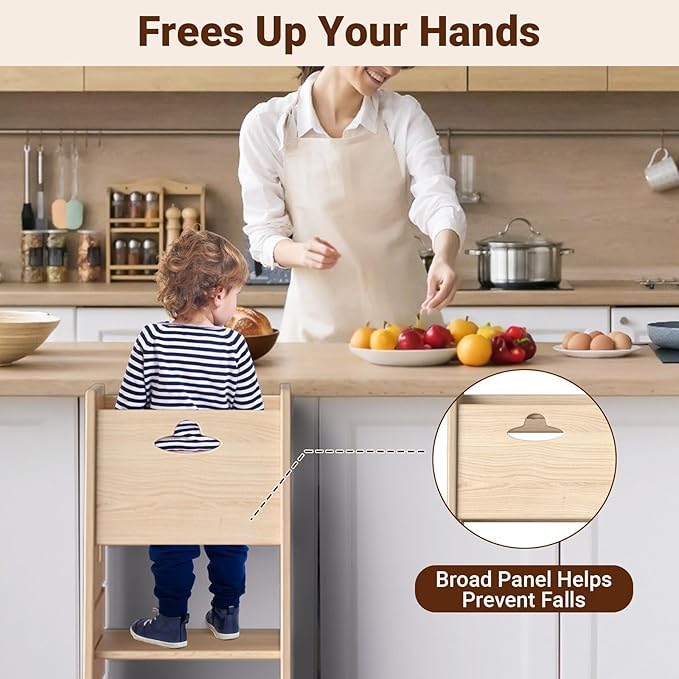COSYLAND Height Adjustable Toddler Standing Tower - Super Stable Toddler Kitchen Stool Helper with Wooden Barrier - No Falling or Tipping Over (Natural)