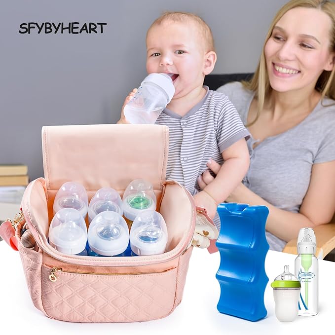 SFYBYHEART Breastmilk Cooler Travel Bag with Ice Pack for 6 Baby Bottles Up to 9 Ounce - Insulated Bottle bag for Daycare - Breastmilk Storage Bag - Baby Bottle Cooler Bag - Bottle Holder