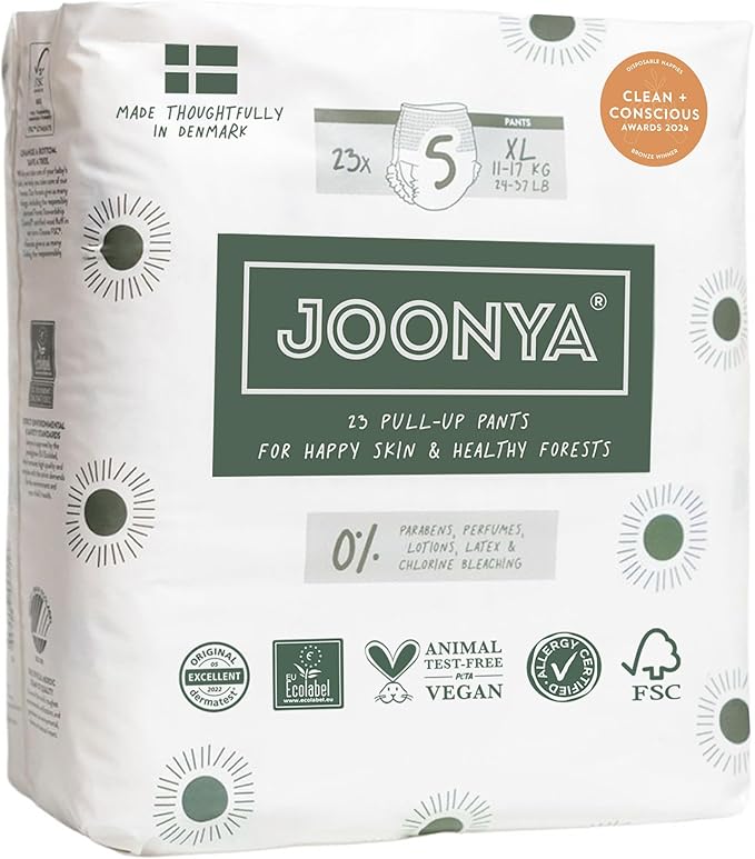 Joonya Pull-Up Pants Baby Diapers, Size 5 XL (24-37 lb) - 1 Bag of 23 - NonToxic, Eco-Friendly, Ultra Slim, Overnight Use - Made in Denmark