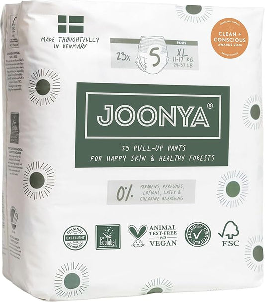 Joonya Pull-Up Pants Baby Diapers, Size 5 XL (24-37 lb) - 1 Bag of 23 - NonToxic, Eco-Friendly, Ultra Slim, Overnight Use - Made in Denmark
