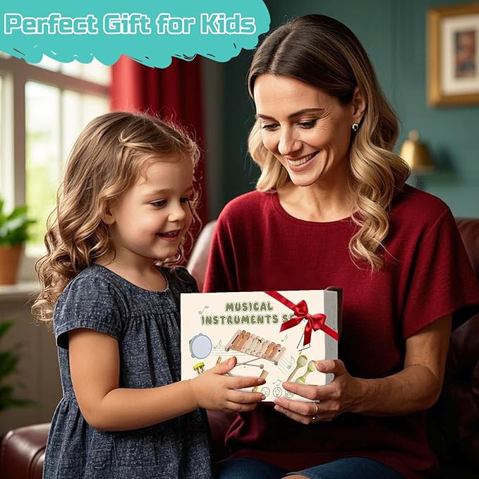 Baby Musical Instruments Set Montessori Wooden Toy for Toddlers 3 Percussion Music Xylophone for Kids Preschool Learning Resource Christmas Birthday Gifts for Boys Girls Aged 3 4 5 (Warm)