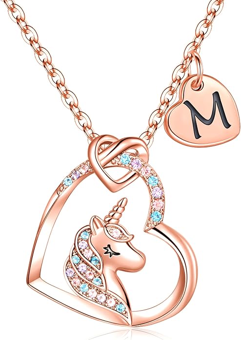 Hidepoo Unicorn Necklace Gifts for Girls - Colorful CZ Heart Pendant Initial Unicorns Necklaces for Teens Little Girls Jewelry Birthday Gift for Girl Daughter Granddaughter Niece