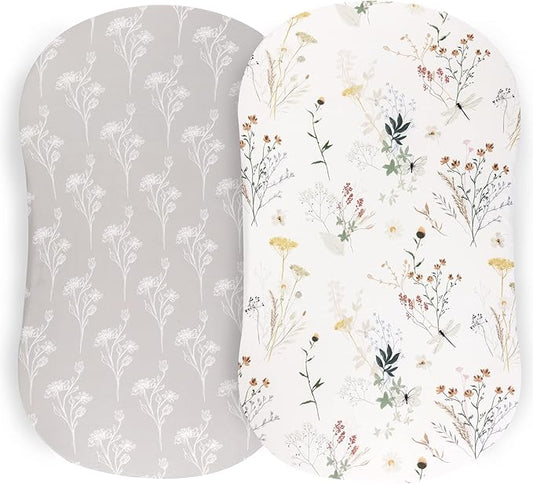 Pobibaby - 2 Pack Premium Bassinet Sheets for Standard Bassinets - Ultra-Soft Jersey Knit, Stylish Floral Pattern, Safe and Snug for Baby (Wildflower)