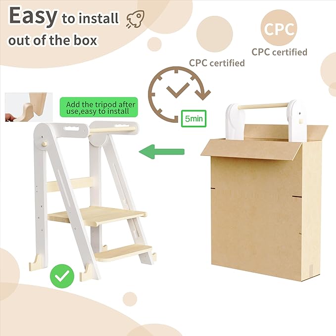 Kids Kitchen Step Stool, Foldable Toddler Tower, Height Adjustable Toddler Standing Tower with Safty Rail and Anti-Slip Device, Wooden Stool for 1.5-6 Years(White-Wood)
