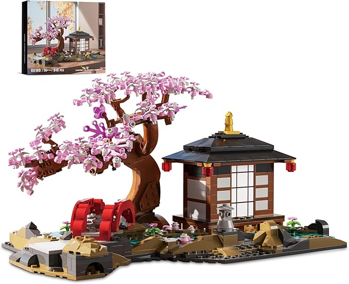 Japanese Garden Building Set, Cherry Blossom Bonsai Tree House Building Block for Adults Japanese Tranquil Garden for Home and Office Decoration Set (916 PCS)