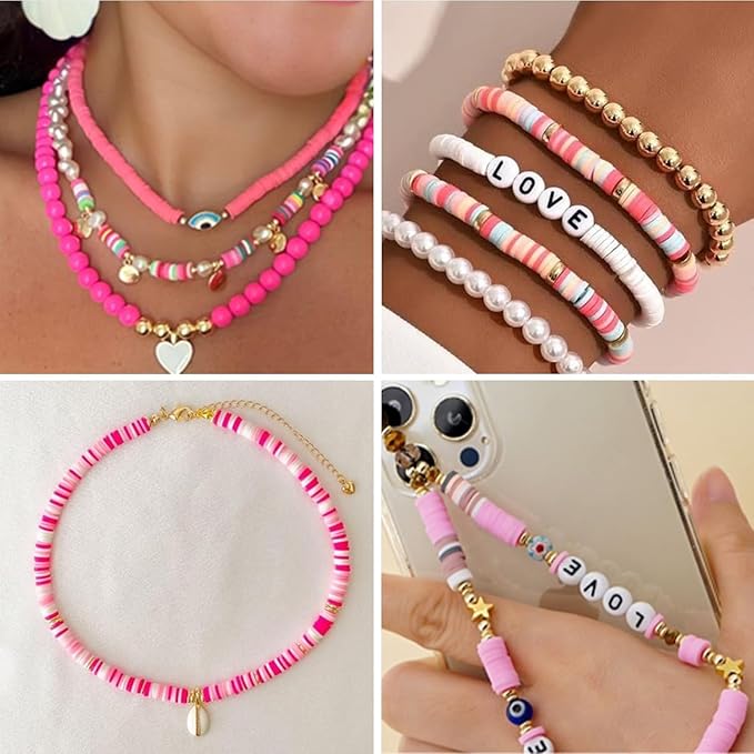 4000pcs Pink Clay Beads for Bracelets Making Kit, 6mm Heishi Polymer Flat Round Disc Clay Beads for Jewelry Making Pink