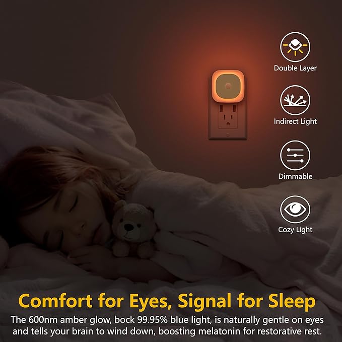2 Pack Plug in Night Light with Motion Sensor & Dusk to Dawn Sensor, 3 Sensor Modes, Dimmable Night Lights Plug into Wall, Amber Nightlight for Sleep, Bathroom, Bedroom, Indoors, Kids
