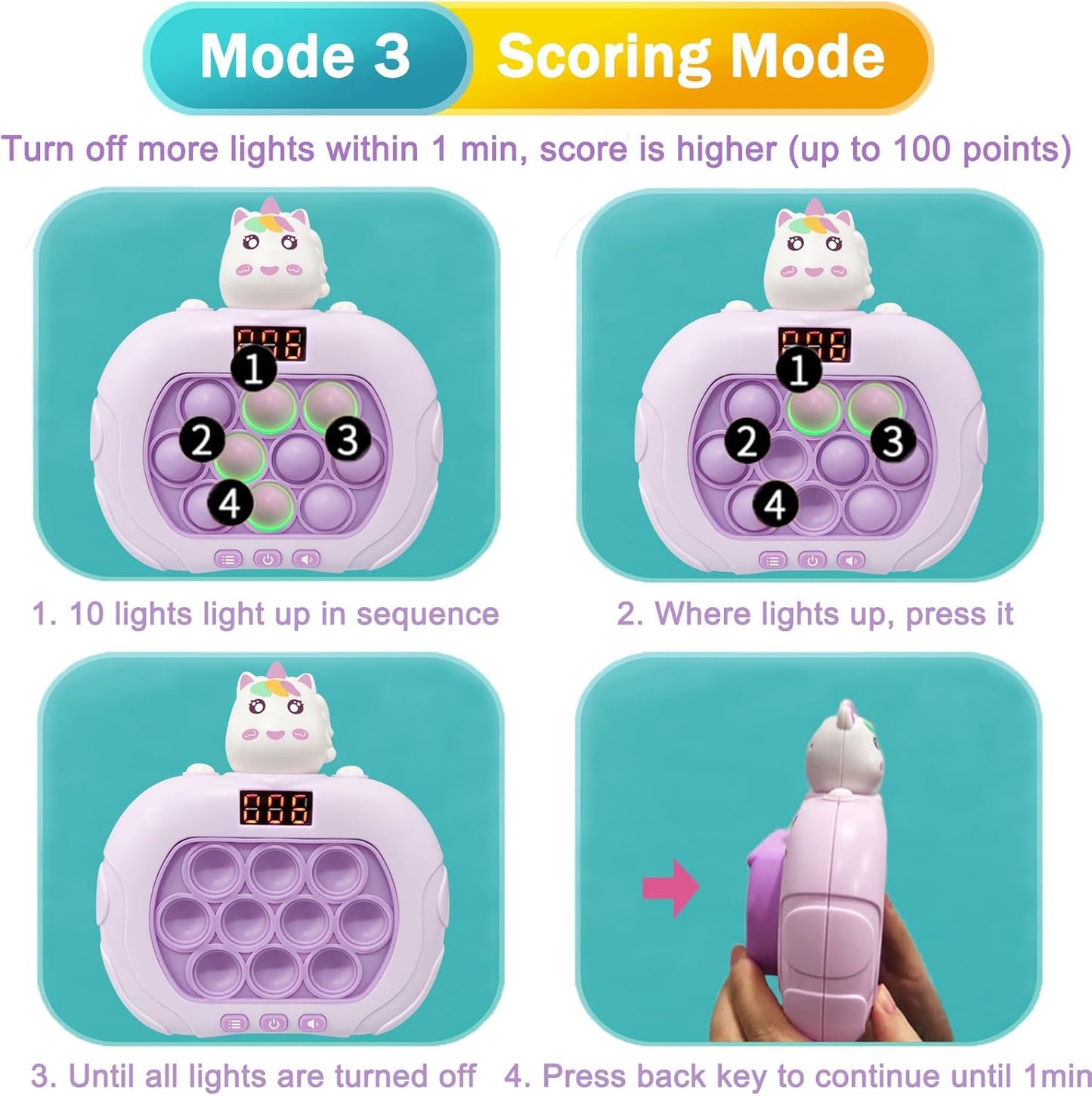 Pop Quick Push Game Light Up Fidget Toys Handheld Puzzle Press Popping Game Console for Kids Ages 3+ Adult Unicorn