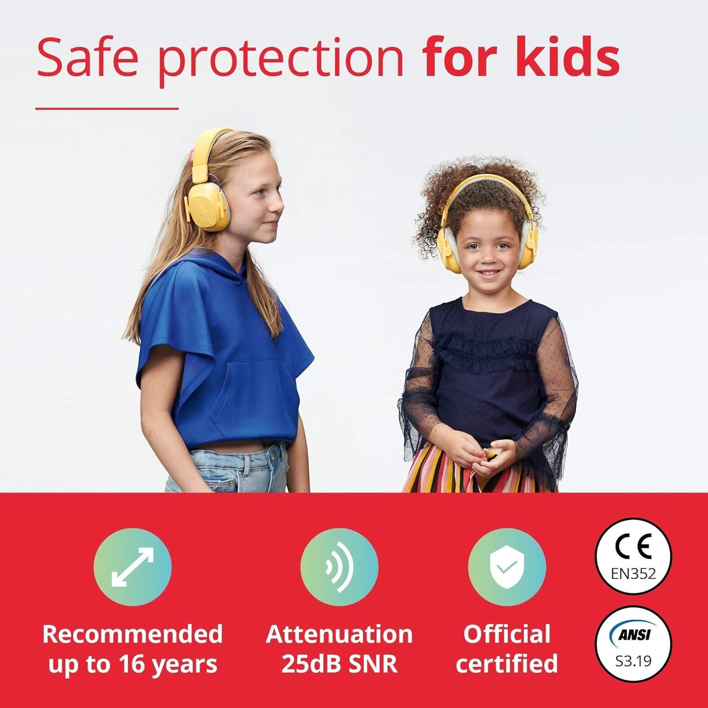 Alpine Muffy Kids - Hearing Protection - CE & ANSI Certified - Adjustable for Ages 3-16 years - Noise Cancelling Headphones - 25dB Sound Reduction Ideal for Protection and Concentration Aid - Yellow