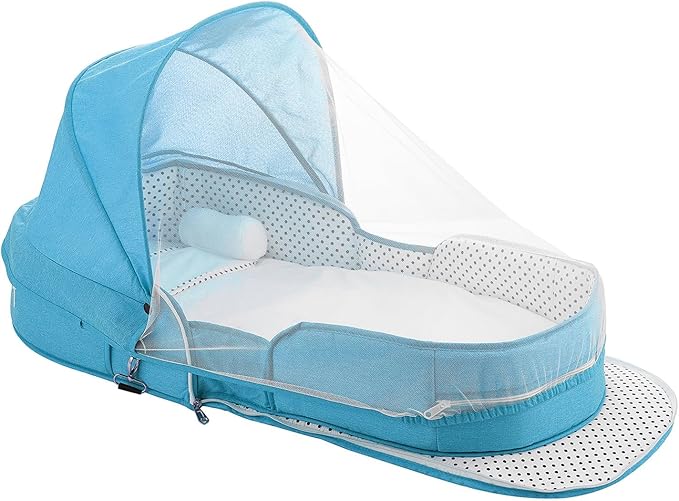 Baby Travel Bassinet Portable Bassinets, Foldable Carry Bag Bassinet Travel Crib, Lightweight Baby Lounger Pod Infant Bed with 2-1 Mosquito & Canopy (Blue)