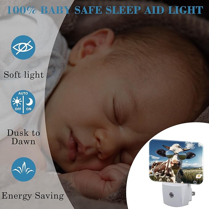 Cool Cow with Sunglasses Plug in Night Lights, Cute Cow Nightlight Plug Into Wall Dusk to Dawn Sensor for Kid Girls Boys Women Men Bedroom, Hallway, Kitchen, Bathroom, Stairs Decor