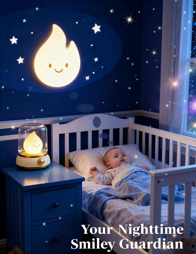 Smiley Night Light for Baby Nursery, Eye Caring Mood Lighting, Rechargeable Silicone Flame Nightlight, Cute Care Lamp Birthday Gifts for Mom, Kids, Toddler