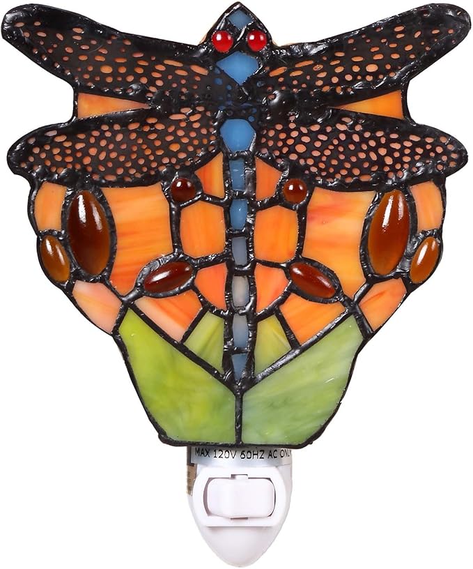 Bieye L11401 Tiffany Style Stained Glass Dragonfly Wall Lamp with Plug-in Night Light Socket for Home Decor