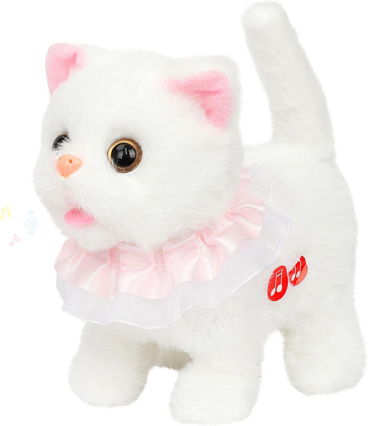 Easfan 7" Walking Plush Kitty Toy Stuffed Animal Electric Interactive with Dress Talking Musical Cute Plush Toy White Cat Tail Wagging Christmas Birthday Gifts for Kids Toddlers