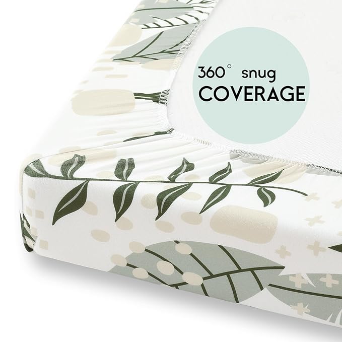 Yoofoss Pack and Play Sheets Fitted, Mini Crib Sheets 2-Pack for Pack N Play Mattress, Stretchy Playard Sheet, Soft and Breathable (Green + Banana Leaves)