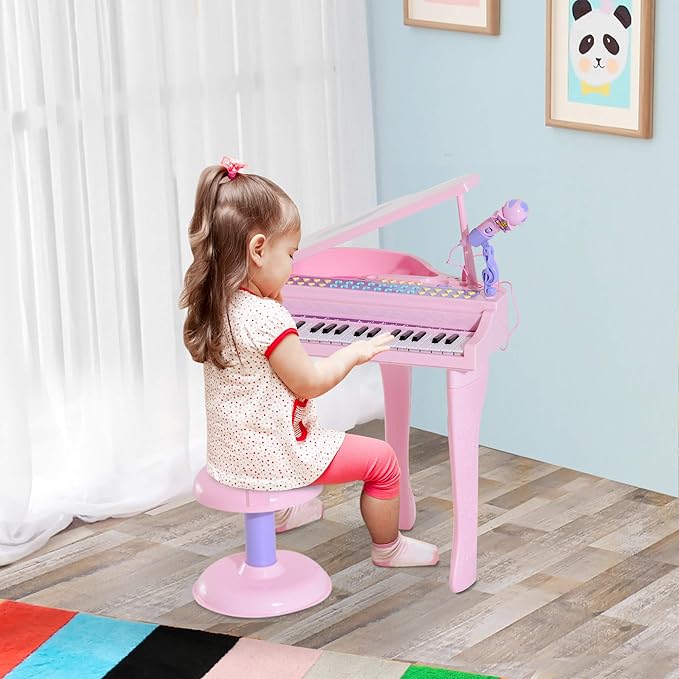 Qaba 37-Key Kids Toy Keyboard Piano Musical Electronic Instrument Grand Piano with Microphone, Stool, MP3, U-Disk, Lights for 3-6 Years, Pink