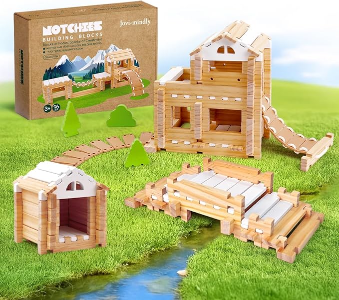 Jovi-mindly＆Notchies 96 PCS Wooden Blocks Wooden Toys with Storage Bag, Preschool Learning Toys Wood Blocks Building for Kids Ages 4-8 Creative Construction Game,FSC Certified,Halloween Gifts