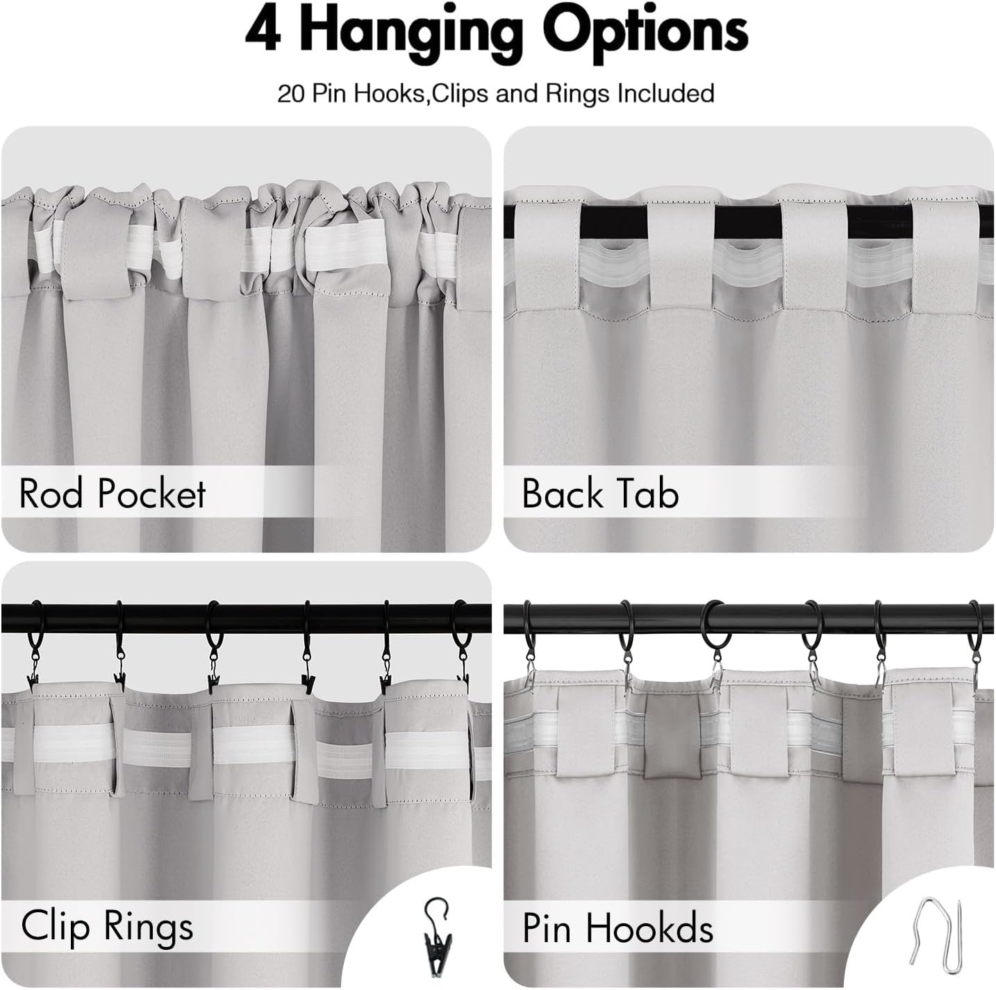 ANRODUO Back Tab Blackout Curtains for Bedroom Living Room, Rod Pocket Pinch Pleated Thermal Insulated Room Darkening Curtains 84 Inches Long 2 Panels, Greyish White, 42 x 84 Inch