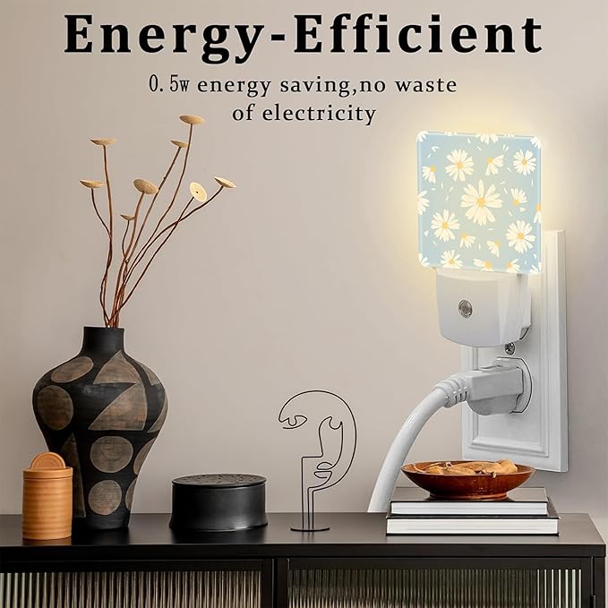 Watercolor White Daisies Flowers Night Light for Kids,Abstract Floral Flying Petals Night Light Plug in with Dusk to Dawn Sensor,0.5w Energy Saving Nightlight for Hallway Stairway Kitchen Bedroom