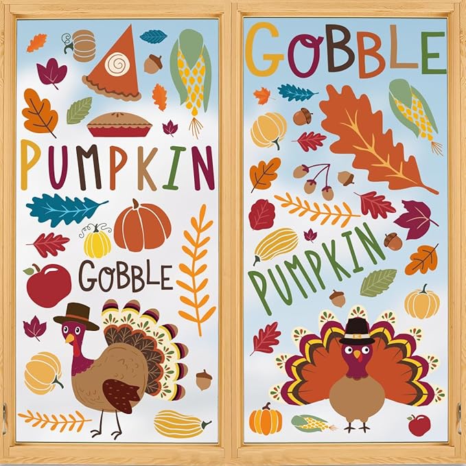 Horaldaily 125 PCS Fall Window Cling Sticker, Thanksgiving Autumn Harvest Colorful Leaf Pumpkin Turkey for Home Party Supplies Shop Window Glass Display Decoration